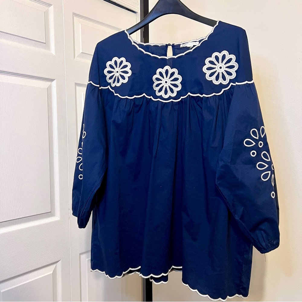 CATO Navy Blue and White Embroidered Blouse Top 1X
